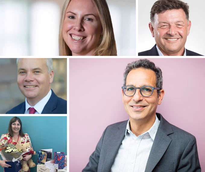 Collage of five professional portraits featuring individuals in business attire, with one person holding a bouquet and surrounded by gifts. The individuals exhibit friendly expressions.