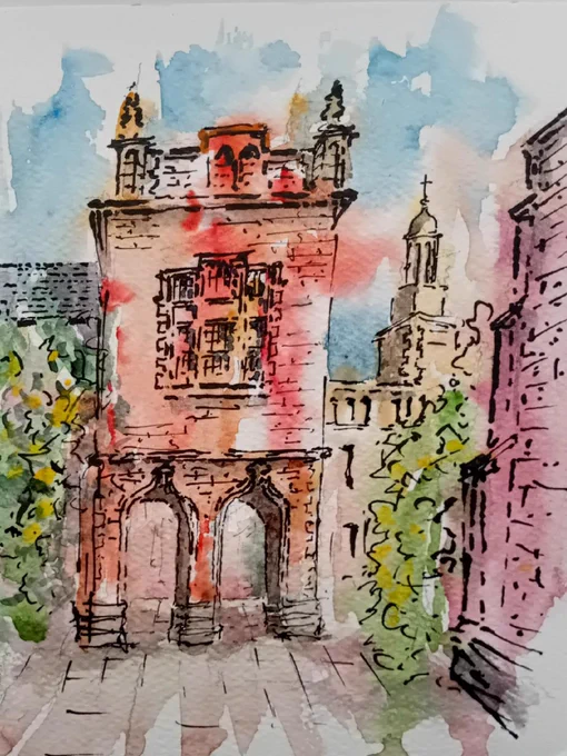 Watercolor painting of Newcastle University's 'Arches', depicting the detailed architecture of its entrance flanked by leafy trees and other buildings.