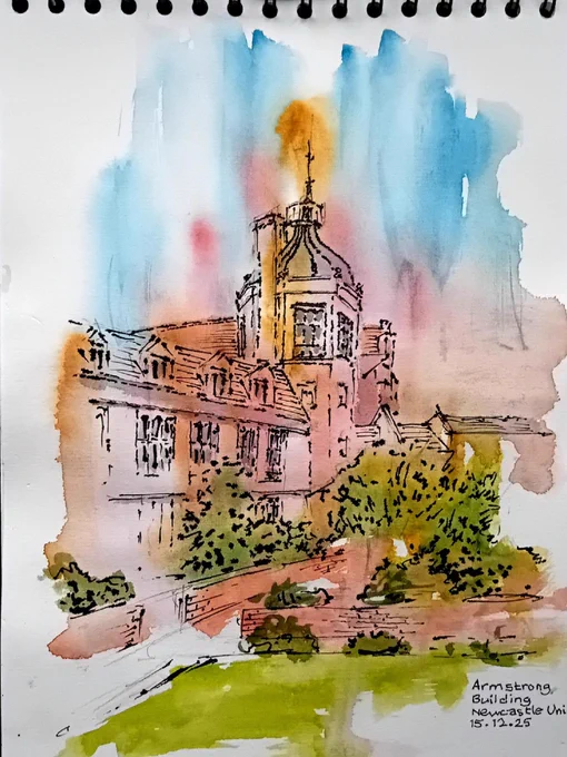 Watercolor painting of the Armstrong Building at Newcastle University, featuring vibrant blue and red washes in the background with detailed architectural rendering of the building in the foreground.
