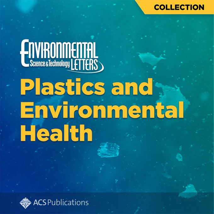 Green and blue background image with scattered microplastics and the text Plastics and Environmental Health  