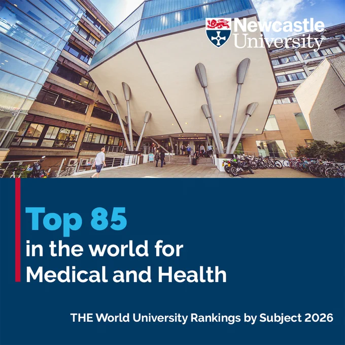 Exterior view of a Newcastle University medical school with a banner stating it is ranked in the top 85 in the world for Medical and Health by THE World University Rankings for Subject 2026.
