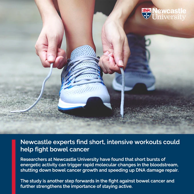 A person tying shoelaces on athletic shoes, preparing for exercise. The image background is blurred. Text overlay mentions Newcastle University researchers finding that short, intense workouts may aid in fighting bowel cancer by triggering molecule changes to enhance DNA repair.