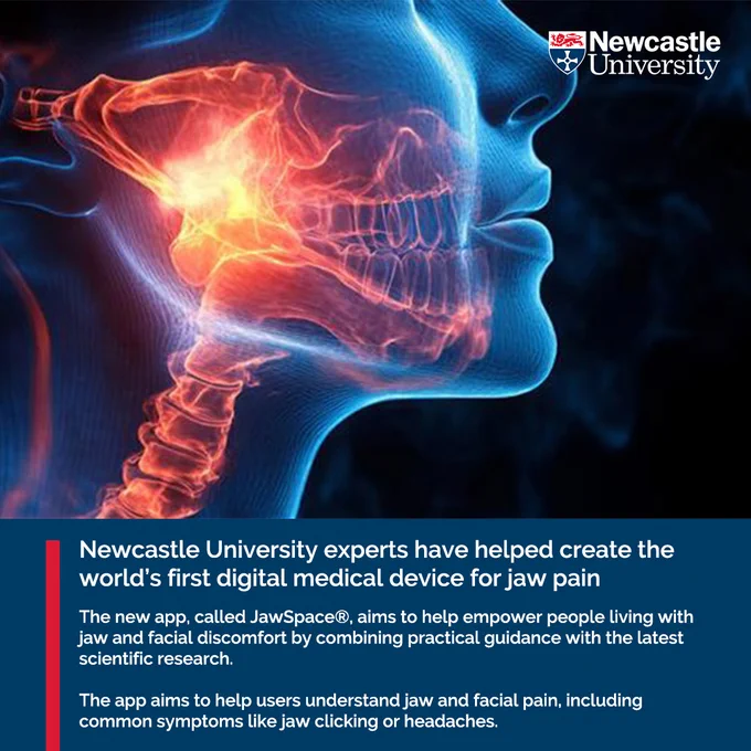 The image features an illustration of a human head with highlighted areas indicating jaw pain. Text on the image discusses Newcastle University's development of JawSpace®, a digital medical device for managing jaw and facial pain.