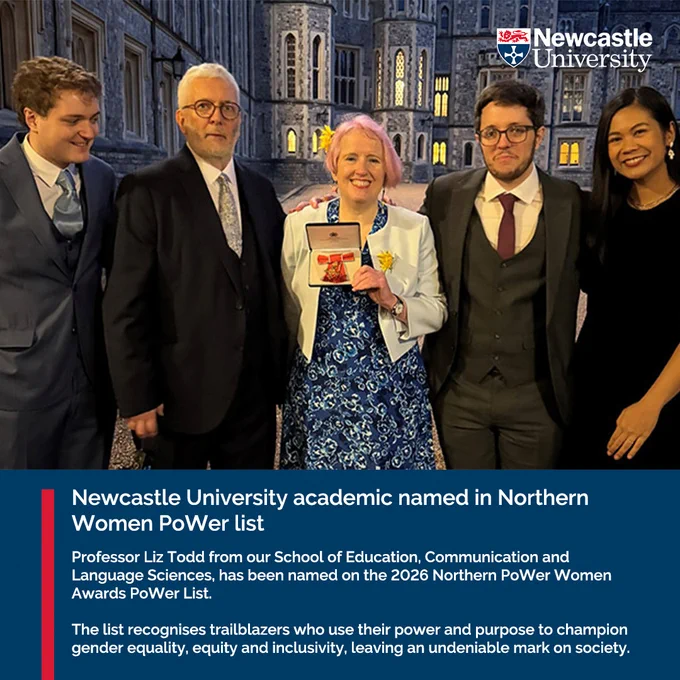 A group of five people stand together smiling in formal attire outside a building at night. One person in the center holds a certificate. A banner at the bottom reads: "Newcastle University academic named in Northern Women PoWer list." The Newcastle University logo is visible at the top.