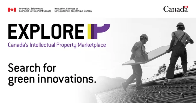 Two workers placing solar panels on a roof. Text: ExploreIP. Canada’s Intellectual Property Marketplace. Search for green innovations.