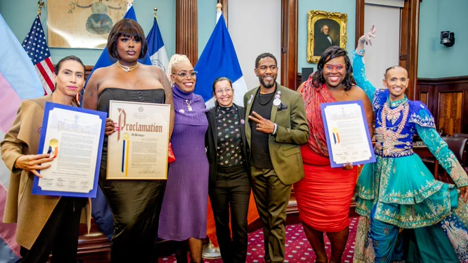 The Public Advocate and Council Member Cabán pose with honorees Gia Love, Qween Jean, Bianey Garcia, as well as Zaman, in City Hall Chambers
