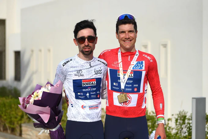 Valentin Paret-Peintre in white and Louis Vervaeke in red after the second stage of the Tour of Oman.