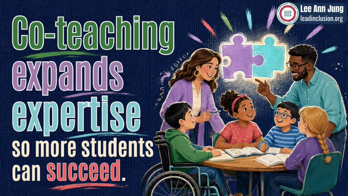 Two teachers collaborate with a diverse group of students around a table beneath the message, “Co-teaching expands expertise so more students can succeed.”