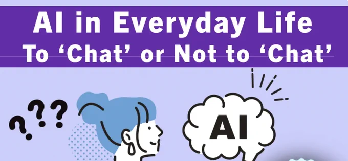 An illustration titled "AI in Everyday Life: To 'Chat' or Not to 'Chat'" featuring a person with a blue hairstyle facing a thought bubble with "AI" written inside, surrounded by question marks.

