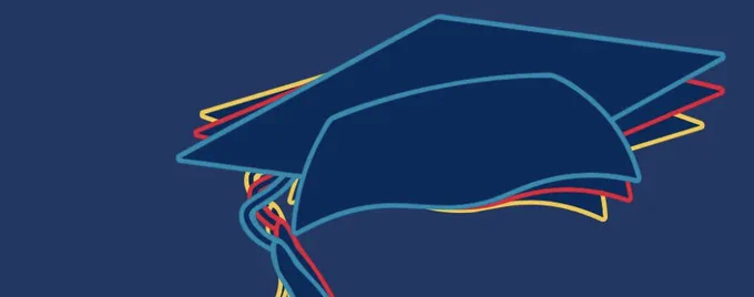 Stylized illustration of a graduation cap with colorful outlines in blue, red, and yellow, set against a dark background.
