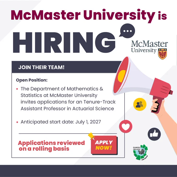 The image is a digital flyer announcing that McMaster University is hiring. It highlights an open tenure-track assistant professor position in actuarial science within the Department of Mathematics & Statistics. The anticipated start date is July 1, 2027. 